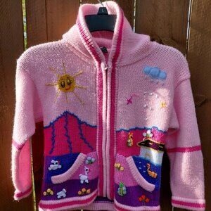 Inca's Inc Girls Pink Hooded Cardigan Sweater Crochet Deatling Preppy Woolen